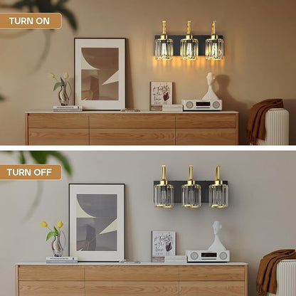 3-Light Bathroom Vanity Light Fixtures, Modern Bathroom Lighting Fixtures Over Mirror with Golden Crystal Lampshade, E26 Base Modern Vanity Lighting, Suit for Stairway Bedroom and Hallway
