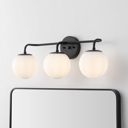 JONATHAN Y Louis Parisian Globe 25" Vanity 3-Light, Black | White Frosted Glass Shade, Midcentury Parisian Bistro Style, Metal Wall Lamp, Dimmable, Hardwired, LED Bulbs Included