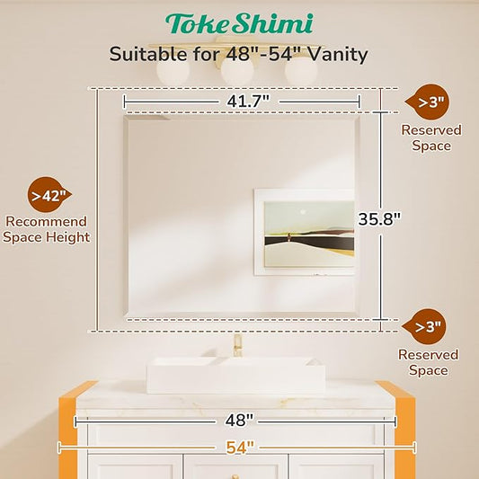 TokeShimi 42x36 Beveled Frameless Bathroom Mirror Decorative, Bathroom Vanity Mirrored with 1" Beveled Edge, Shatterproof Modern Frameless Mirror Rectangle for Living Room, Entryway, Restroom