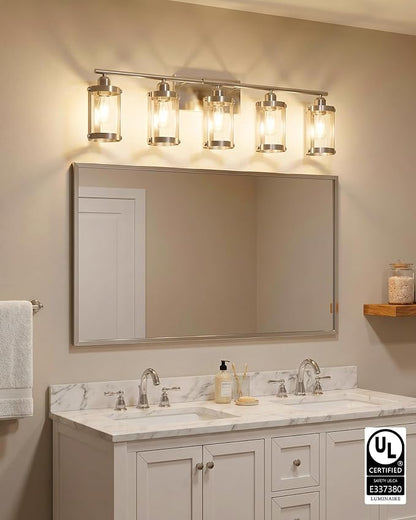 5-Light Brushed Nickel Bathroom Light Fixtures Over Mirror with Clear Glass and Metal Cage Shade, 38" UL-Listed Modern Farmhouse Wall Sconce for Bath, Hardwire E26, OS-3014BN-5W