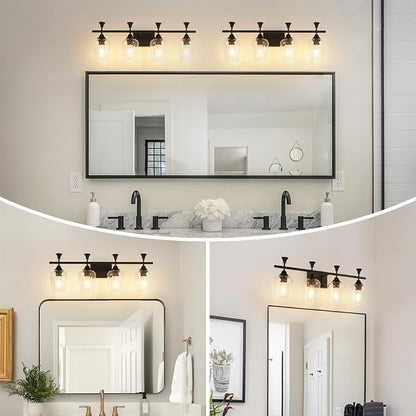 Bathroom Light Fixtures (4-Light, 29 Inch), Matte Black Vanity Lights for Bathroom with Clear Wine Glass Glass Shade, Modern Vanity Wall Lights for Mirror Bedroom Living Room Kitchen Hallway Porch