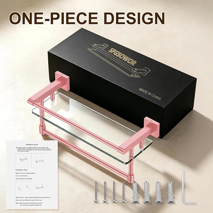 Bathroom Glass Shelf Towel Rack Shelf Glass Organizer Wall-Mounted Bathroom Storage SUS304 Stainless Steel Towel bar/Track Wall-Mounted Tempered Glass Stainless Steel Shelf (Pink, 16‘’ with Railing)