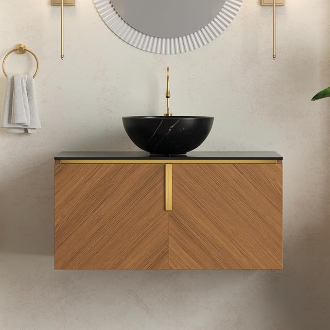 LKTART 36 Inch Bathroom Vanity with Sink, Modern Wall Mounted Bathroom Sink with 2 Doors, Black Sintered Stone Countertop and Black Bowl Ceramic Basin