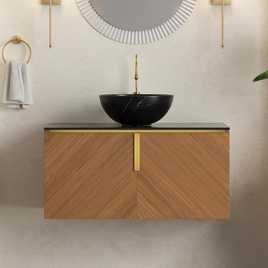 LKTART 36 Inch Bathroom Vanity with Sink, Modern Wall Mounted Bathroom Sink with 2 Doors, Black Sintered Stone Countertop and Black Bowl Ceramic Basin