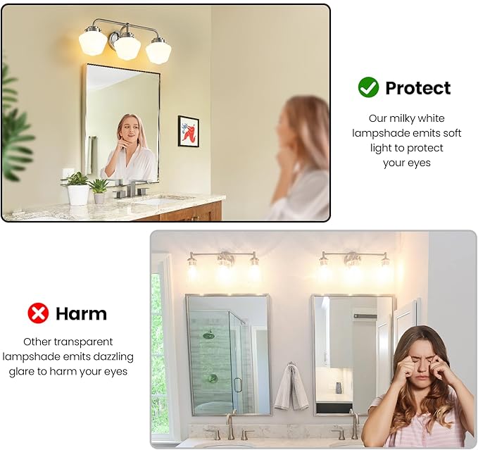 Bathroom Vanity Light Fixtures: 3-Lights Bathroom Lighting Fixtures Over Mirror, Brushed Nickel Vintage Wall Lights with Milky White Frosted Glass Shade for Bath Bedroom