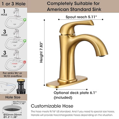 Brushed Gold Bathroom Faucet Single Hole Bathroom Faucet | Sink Faucet for Bathroom Vanity One Hole, with Pop Up Drain & Deckplate Farmhouse