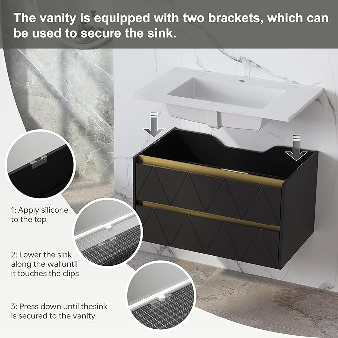 30 Inch Bathroom Vanity with Sink, Wall Mounted Floating Vanity with Modern Stripe Design, Floating Vanity Bathroom with U-Shaped Drawer, 30 Inch Vanity with Sink, Hidden Handle, Black