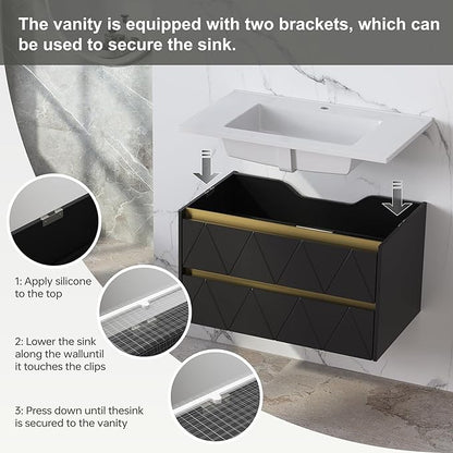 30 Inch Bathroom Vanity with Sink, Wall Mounted Floating Vanity with Modern Stripe Design, Floating Vanity Bathroom with U-Shaped Drawer, 30 Inch Vanity with Sink, Hidden Handle, Black