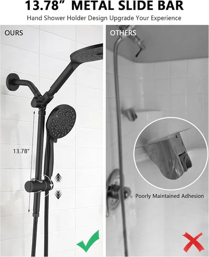 PDPBath High Pressure Rainfall Shower Head with Handheld Combo, 10 Setting Handheld Shower Head, Dual Handheld Shower Head Combo with Slide Bar for Easy Reach, Matte Black