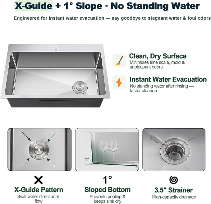 25x18 Inch Kitchen Sink, 304 Stainless Steel Drop in Sink | Right Offset Drain, 9" Deep Single Bowl Kitchen Sinks, Brushed(Inclued Bottom Grid & Drain Strainer )