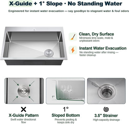 28x18x9 Inch Kitchen Sink Drop in, 304 Stainless Steel Single Bowl | Centre-Offset Drain, R10 Tight Corner, Topmount Kitchen Sink with Strainer & Bottom Grid