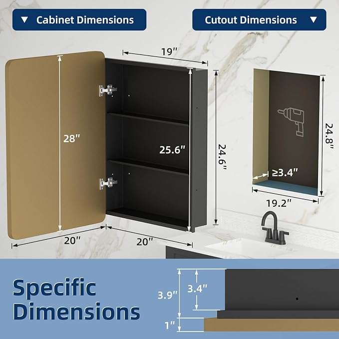 Medicine Cabinet 20 x 28 Inch, Brush Gold Bathroom Medicine Cabinet with Mirror,Metal Beveled Mirror, Adjustable Shelves, Recessed or Wall Mount, Sturdy & Solid, Bathroom Mirror with Storage