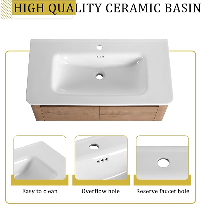 36-Inch Bathroom Vanity with Sink Mid-Century Bathroom Vanities with Top Basin Floor Wood Bathroom Sink Cabinet with Soft-Close Doors & Adjustable Storage Shelves (Brown)