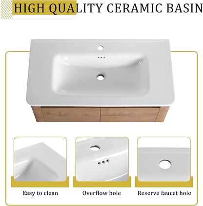 36-Inch Bathroom Vanity with Sink Mid-Century Bathroom Vanities with Top Basin Floor Wood Bathroom Sink Cabinet with Soft-Close Doors & Adjustable Storage Shelves (Brown)