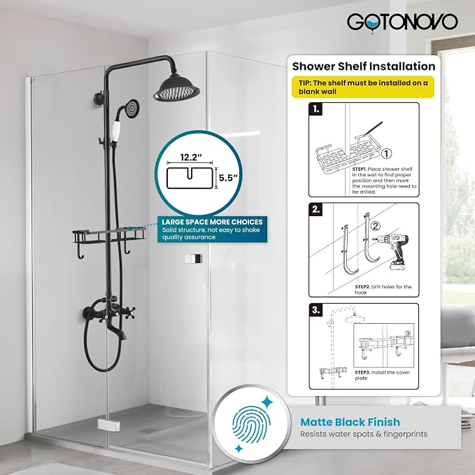 gotonovo Exposed Shower System with Spout,Matte Black,Shower Shelf | Brass Shower Faucet Set,8’’ Rain Head with Handheld Spray,Swivel Tub Spout,2 Cross Handle,6’’ Hole Distance,Adjustable Height