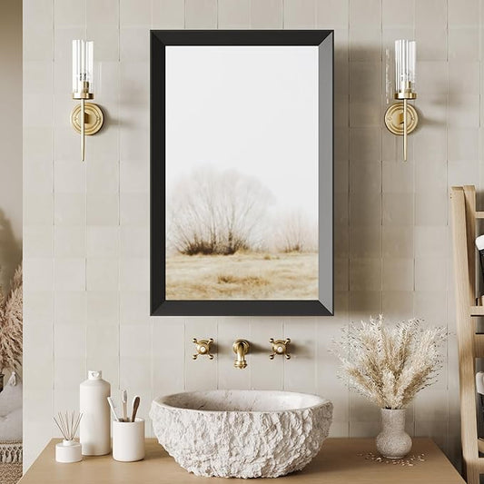 Retro-Style Medicine Cabinet with 17’’x27’’ Solid Wood Mirror Frame, Bathroom Recessed Wall Cabinet, Living Room Wood Storage Cabinet, Black