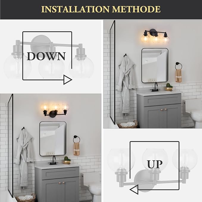 Bathroom Vanity Light 3 Light, Black Bathroom Light Fixtures with Clear Globe Glass Shade, Matted Black Wall Sconce Over Mirror for Kitchen, Living Room