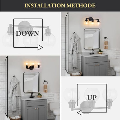 Bathroom Vanity Light 3 Light, Black Bathroom Light Fixtures with Clear Globe Glass Shade, Matted Black Wall Sconce Over Mirror for Kitchen, Living Room