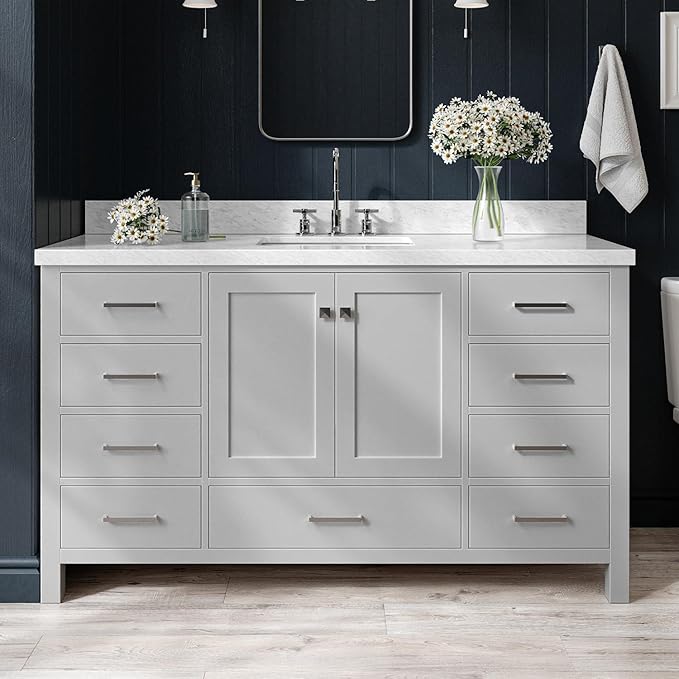ARIEL Cambridge 60-inch Bathroom Vanity with Sink,Solid Wood, 1.5-inch Italian Carrara Marble Countertop, Single Rectangular Porcelain Sink, 2 Soft Closing Doors, 9 Dovetail Drawers, Grey