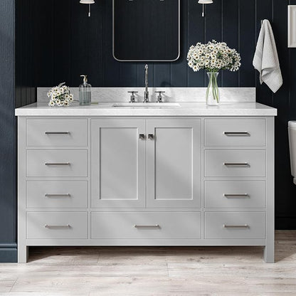 ARIEL Cambridge 60-inch Bathroom Vanity with Sink,Solid Wood, 1.5-inch Italian Carrara Marble Countertop, Single Rectangular Porcelain Sink, 2 Soft Closing Doors, 9 Dovetail Drawers, Grey