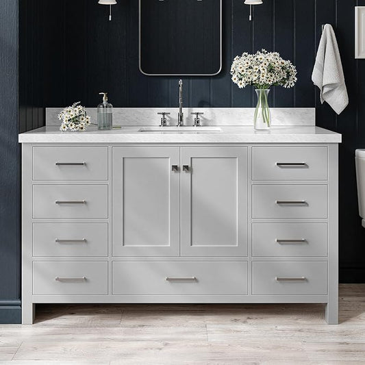 ARIEL Cambridge 60-inch Bathroom Vanity with Sink,Solid Wood, 1.5-inch Italian Carrara Marble Countertop, Single Rectangular Porcelain Sink, 2 Soft Closing Doors, 9 Dovetail Drawers, Grey