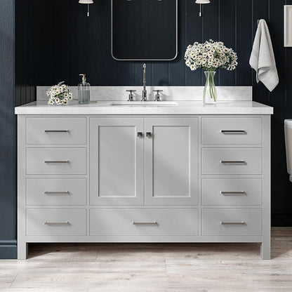 ARIEL Cambridge 60-inch Bathroom Vanity with Sink,Solid Wood, 1.5-inch Italian Carrara Marble Countertop, Single Rectangular Porcelain Sink, 2 Soft Closing Doors, 9 Dovetail Drawers, Grey