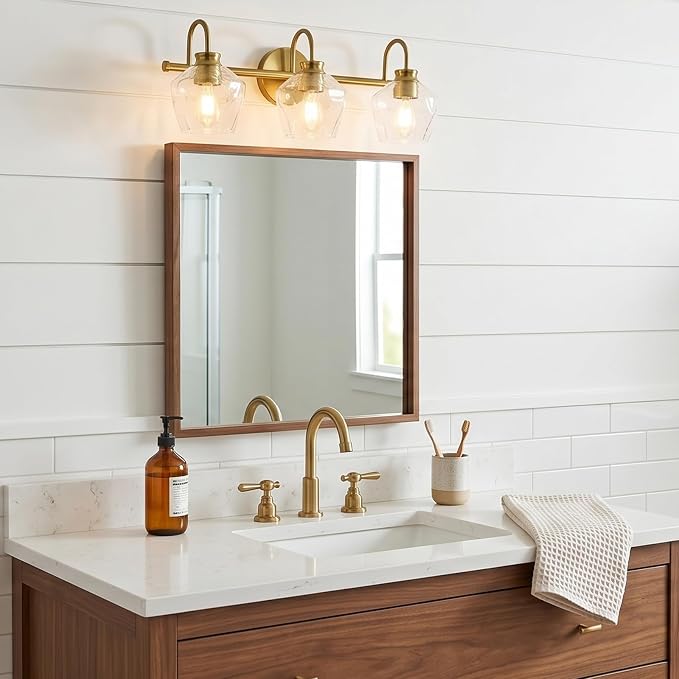 ANDY STAR Brushed Gold Vanity Light, 3 Light Bathroom Light Fixtures with Clear Diamond-Shape Hammered Glass, Brass Vintage Ripple Wall Lights for Hallway, Bedroom, Anti-Rust, E26 Base (No Bulbs)