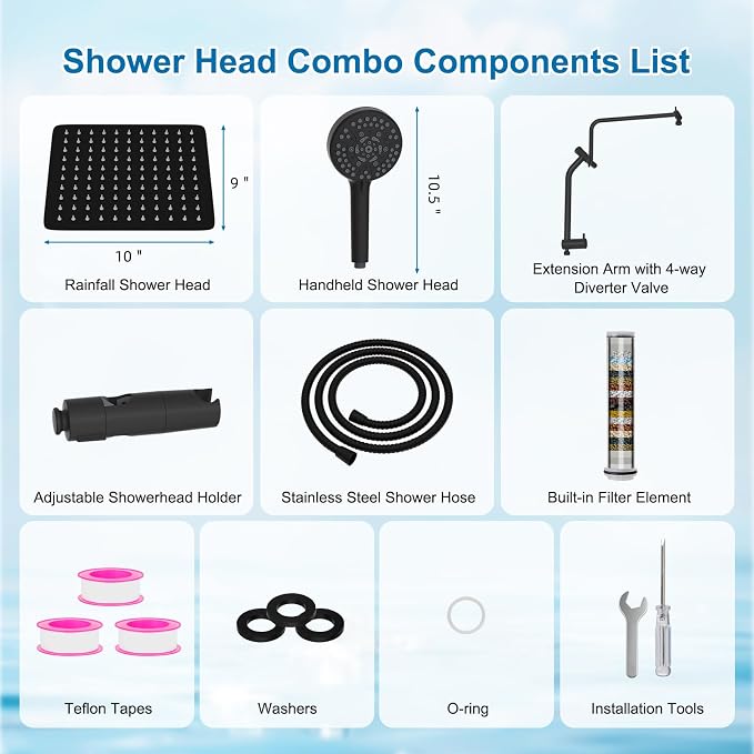 Metal 10" Rain Showerhead with 10-Spray Filter Handheld, 4-way Diverter | Matte Black Finish, Upgraded High Pressure Shower Head with Pause Mode, 71" Stainless Steel Hose/12" Extension Arm