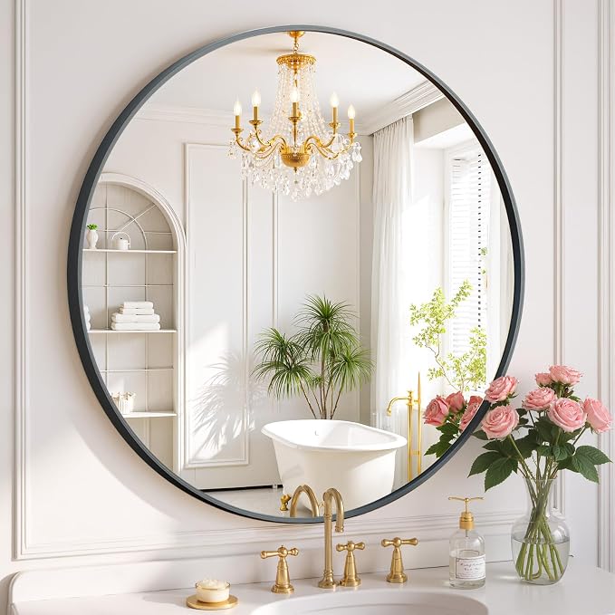 Round Wall Mirror 24 Inch Black Vanity Mirror with Metal Frame | Modern Circle Wall Mounted Decorative Mirrors for Bathroom, Entryway, Bedroom, Living Room