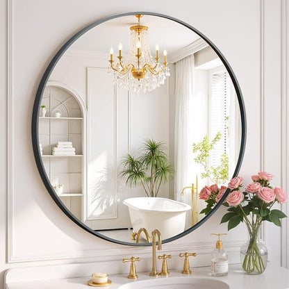 Round Wall Mirror 24 Inch Black Vanity Mirror with Metal Frame | Modern Circle Wall Mounted Decorative Mirrors for Bathroom, Entryway, Bedroom, Living Room