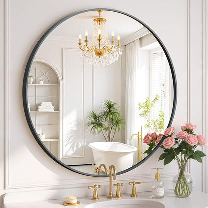 Round Wall Mirror 30 Inch Black Vanity Mirror with Metal Frame | Modern Circle Wall Mounted Decorative Mirrors for Bathroom, Entryway, Bedroom, Living Room