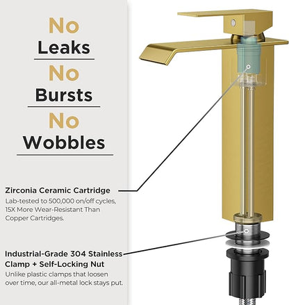 Forious Vessel Bathroom Sink Faucets 1 Hole Brushed Gold, Tall Waterfall Bathroom Faucet Single Handle with Pop Up Drain and Supply Lines for Bowel Sink, Deck Mount