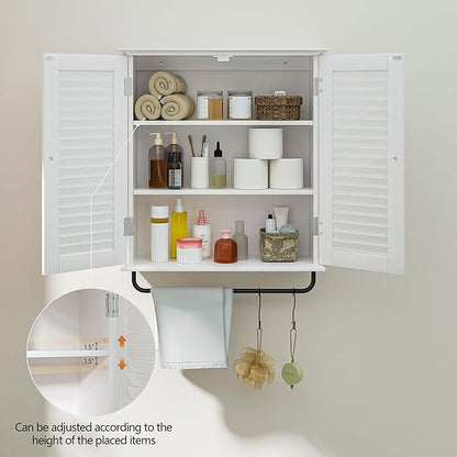 Bathroom Wall Cabinet, Over the Toilet Storage Cabinet, Wooden Wall Cabinet with 2 Doors & Hooks, White Wall Mounted Cabinet, Medicine Cabinet Organizer, Over Toilet Livingroom Kichen