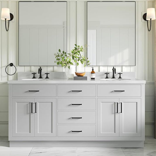 ARIEL Hepburn 72-inch Bathroom Vanity with Sink,Solid Wood, 1.5-inch Pure White Quartz Countertop & Backsplash, Double Oval Porcelain Sink, 4 Soft Closing Doors, 6 Dovetail Drawers, Grey