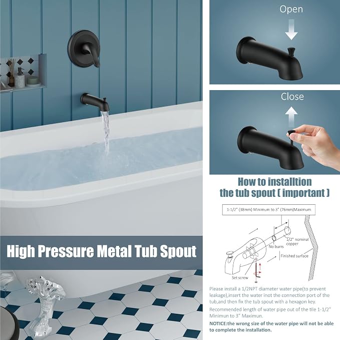 Aolemi Tub Shower Faucet Set Dual 8 Mode Head Valve Kit Matte Black | Valve and Trim Kit, ABS Shower Head and Handheld System, Bathroom Bath Tub Spout 6.3",SUS304,Single Handle
