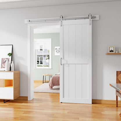 30''x84'' Sliding Barn Door with 5 Ft Brushed Nickel Hardware Kit | Pre-Drilled Holes Easy Assembly - Include Installation Manual, Water-Proof PVC Surface, H-Frame, White