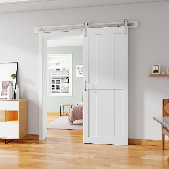 32''x84'' Sliding Barn Door with 6 Ft Brushed Nickel Hardware Kit | Pre-Drilled Holes Easy Assembly - Include Installation Manual, Water-Proof PVC Surface, H-Frame, White