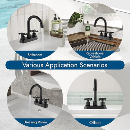 4 Inch Centerset Bathroom Faucets Double Cross Handle Bathroom Sink Faucet Deck Mounted Vintage RV Farmhouse Vanity Basin Mixer Tap with Pop up Drain,Matte Black