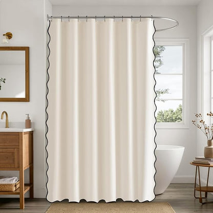 ANRODUO Ivory Scalloped Linen Textured Shower Curtain, W72 x L72 | Boho Farmhouse Shower Curtain with 12 Metal Hooks, Machine Washable Waterproof Heavy Duty Fabric for Bathroom Bathtub