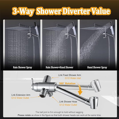 All Metal 12" Rainfall Shower Head with Handheld Spray Combo, High Pressure Rain Shower Heads with Adjustable Extension Arm, Wide Dual Waterfall Showerhead, Extra Long Shower Hose - Polished Chrome