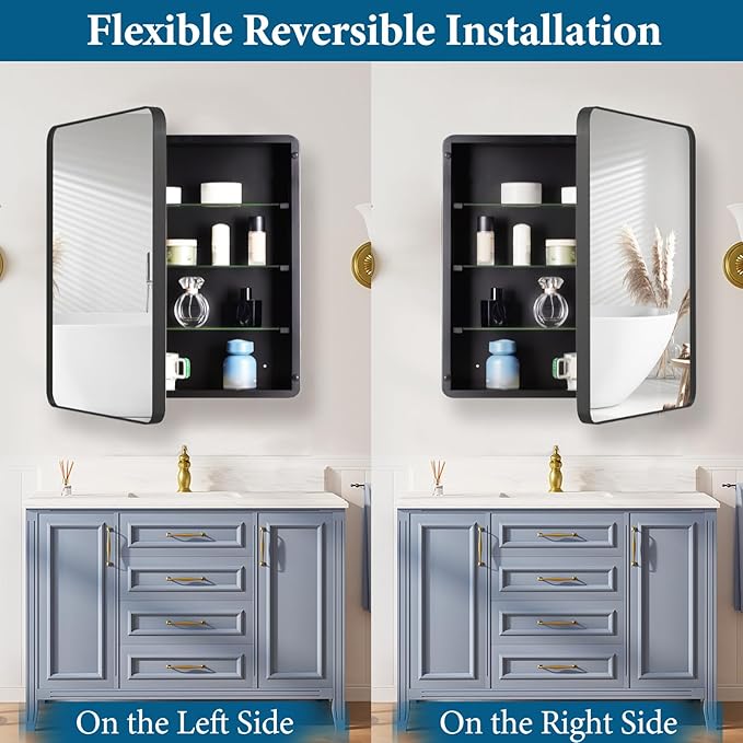 20’’x26’’ Medicine Cabinet,Metal Framed Medicine Cabinet Mirror with Round Corner,Recessed and Surface Mount Bathroom Mirror with Storage, Removeable Shelves,Dark Gray Frame