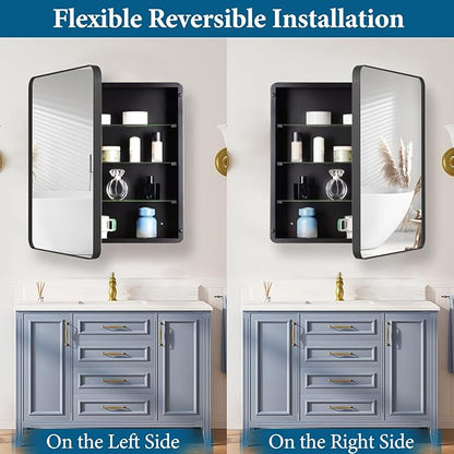 20’’x26’’ Medicine Cabinet,Metal Framed Medicine Cabinet Mirror with Round Corner,Recessed and Surface Mount Bathroom Mirror with Storage, Removeable Shelves,Dark Gray Frame