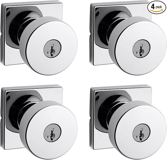Kwikset Pismo Entry Door Knob with Lock and Key, Secure Keyed Handle Exterior, Front Entrance and Bedroom, Polished Chrome, 4 Pack, Pick Resistant SmartKey Rekey Security