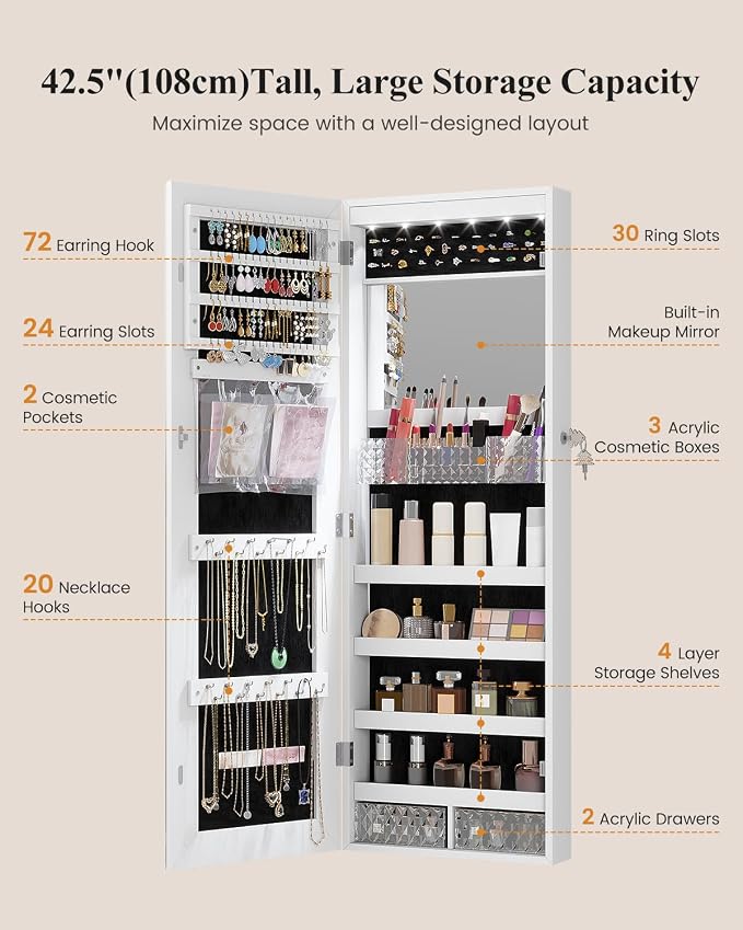 LVSOMT 42.5" Wall Mounted Jewelry Organizer with LED Mirror, White | Lockable Jewelry Cabinet for 30 Ring Slots, 96 Earring and 20 Necklace Hooks, Gift for Women, Girls