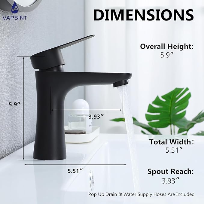 VAPSINT Black Bathroom Faucet 1 Hole, Matte Black Single Handle Bathroom Sink Faucet, Single Hole Stainless Steel Modern Vanity Faucets for Vessel RV with Water Supply Hoses and Pop Up Drain