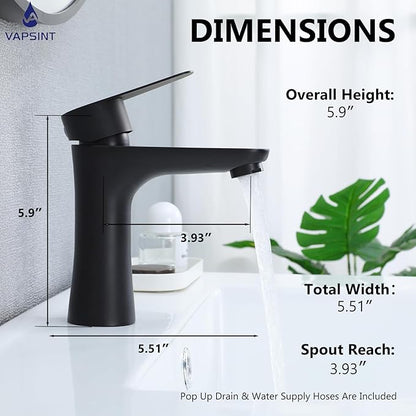 VAPSINT Black Bathroom Faucet 1 Hole, Matte Black Single Handle Bathroom Sink Faucet, Single Hole Stainless Steel Modern Vanity Faucets for Vessel RV with Water Supply Hoses and Pop Up Drain