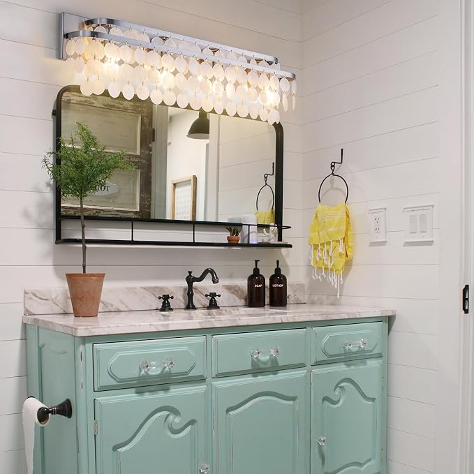 TOCHIC Bathroom Vanity Light with Natural Capiz Shell Shade, Brushed Nickel Coastal 4 Lights Vanity Light, Modern Wall Mount Lighting Fixture for Mirror Cabinets, Powder Room, Bedroom Living Room 30”W