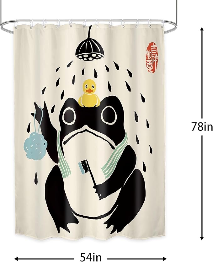LGhtyro Funny Frog Shower Curtain Bathroom Set 54Wx78H Inches Retro Asian Traditional Cute Animal Japanese Style Black Beige Rubber Duck Bath Accessories Frog Art Home Decor Fabric 12 Pack Hooks
