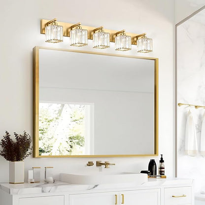 Gold Crystal Bathroom Vanity Light, 5-Light Modern Bathroom Lighting Fixtures Over Mirror,Chrome Wall Sconce Light Fixtures with Square Shade