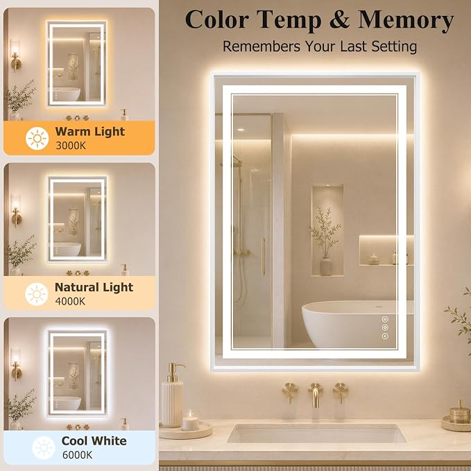 30"x40" LED Bathroom Mirror with Lights, Backlit + Front Lit, Anti-Fog | Lighted Bathroom Mirror with One-Piece Aluminum Alloy Frame, HD Shatterproof Tempered Glass, Dimmable, Memory Function